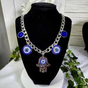 Chunky Silver Link Chain  CharmNecklace with Hamsa Hand and Blue Crystal  New